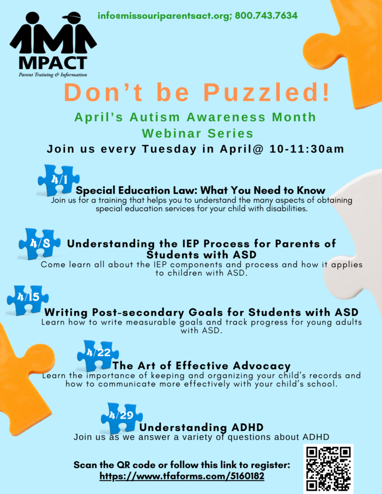 This is an image of a flyer for MPACT's April Autism Awareness webinar series